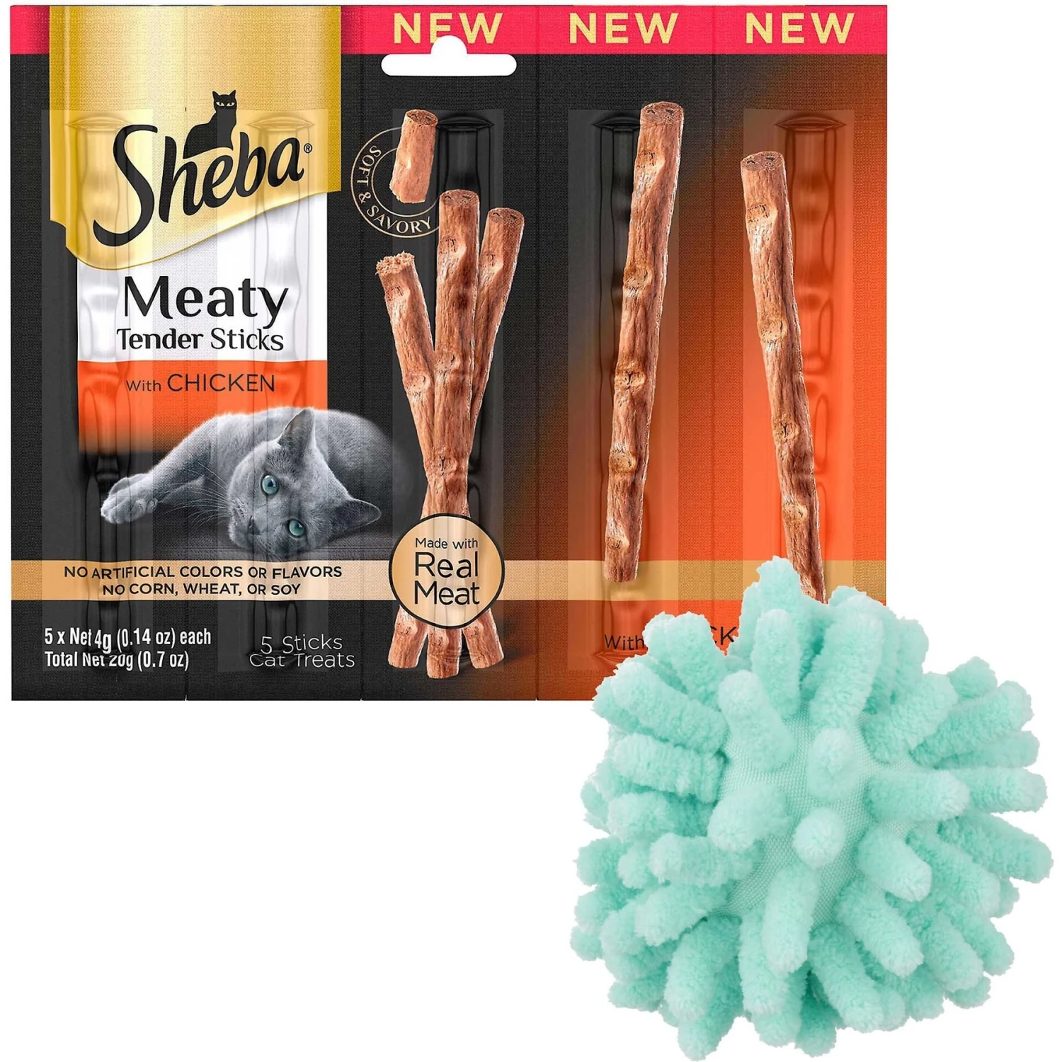 Sheba Meaty Tender Sticks Chicken Flavor Soft Adult Cat Treats & Frisco Moppy Ball Cat Toy With Catnip 3 Sheba Meaty Tender Sticks Chicken Flavor Soft Adult Cat Treats & Frisco Moppy Ball Cat Toy With Catnip